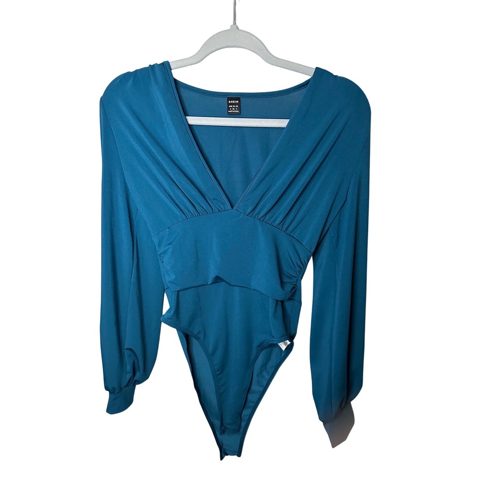 SHEIN Women Teal Blue V Neck Pleated Long Sleeve Bodysuit Size Small S